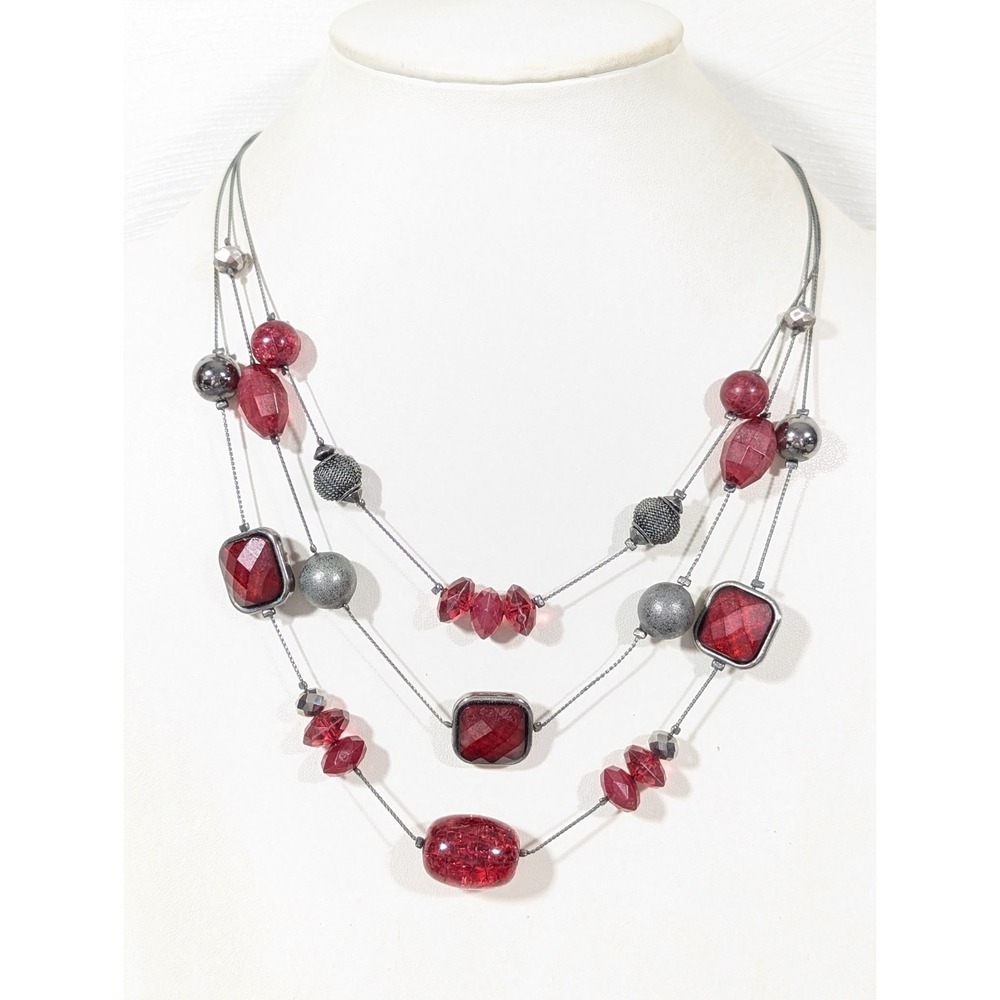 NY & Co Gray Red Bead Layered Chain Necklace 22" Silver Tone Whimsigoth Y2K